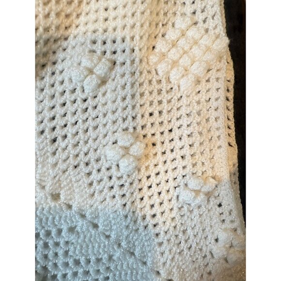 Vtg Handcrafted Whiter Knit Crochet Blanket With Colorful Flowers 67”x61” - Picture 5 of 7